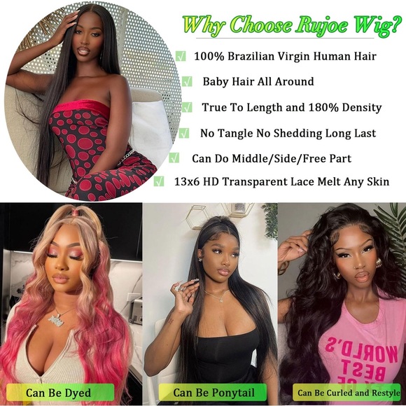 HUMAN HAIR 13x6 Straight HD Lace, Front Wig 180% Density, Baby Hair, Glueless - Picture 2 of 12